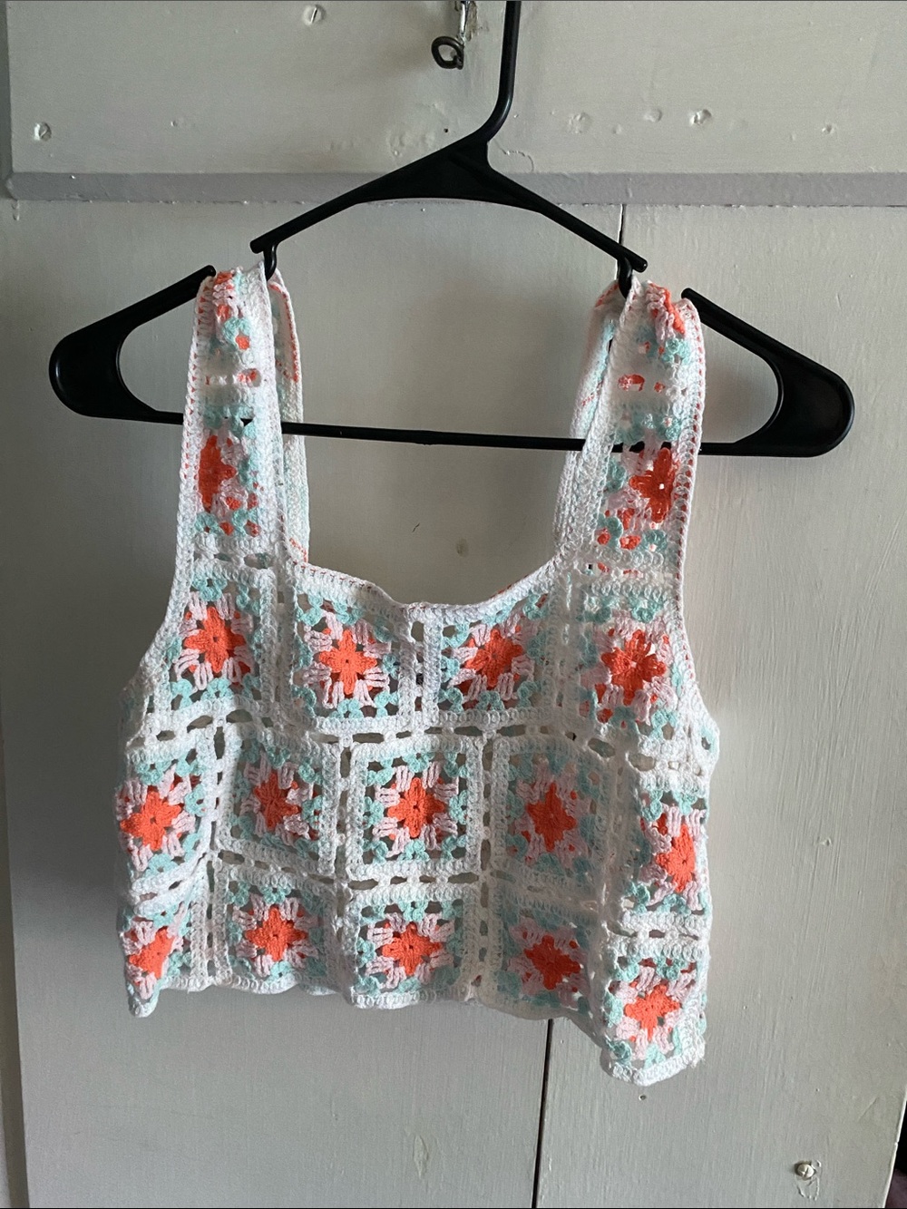 Crochet Square-Pattern Crop Top - White with Coral Accents